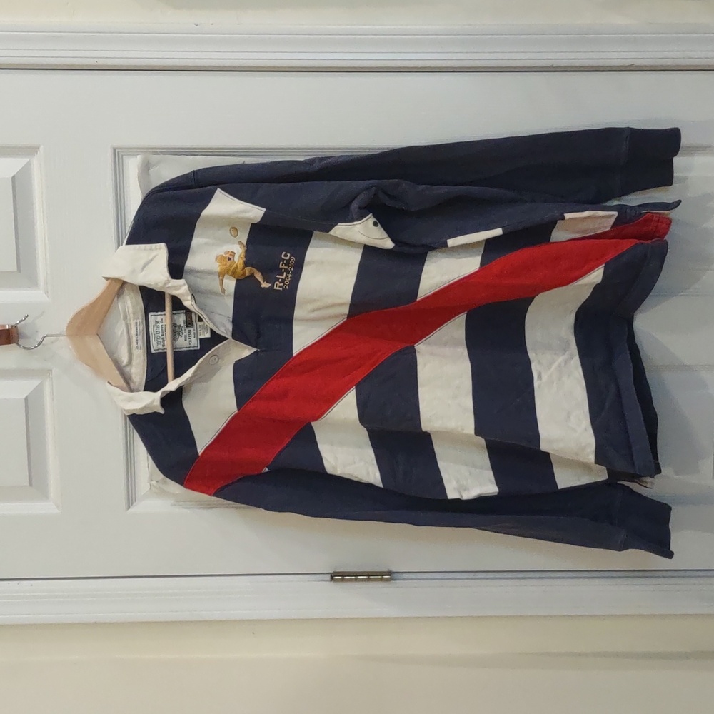 Men's blue and white and red Rugby Ralph Lauren long sleeve shirt size XXL.